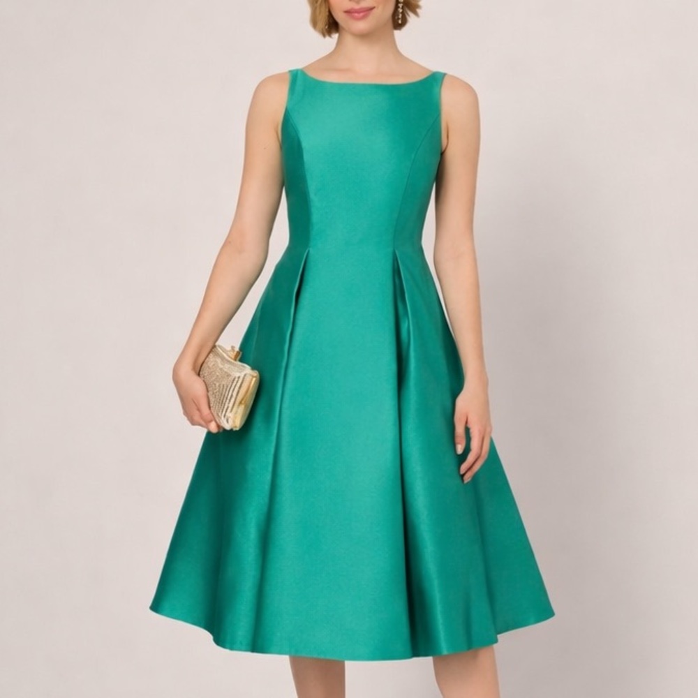 🆕✨ Adrianna Papell Emerald Fit&Flare Satin Midi Cocktail Dress Size 2 Gown Party
